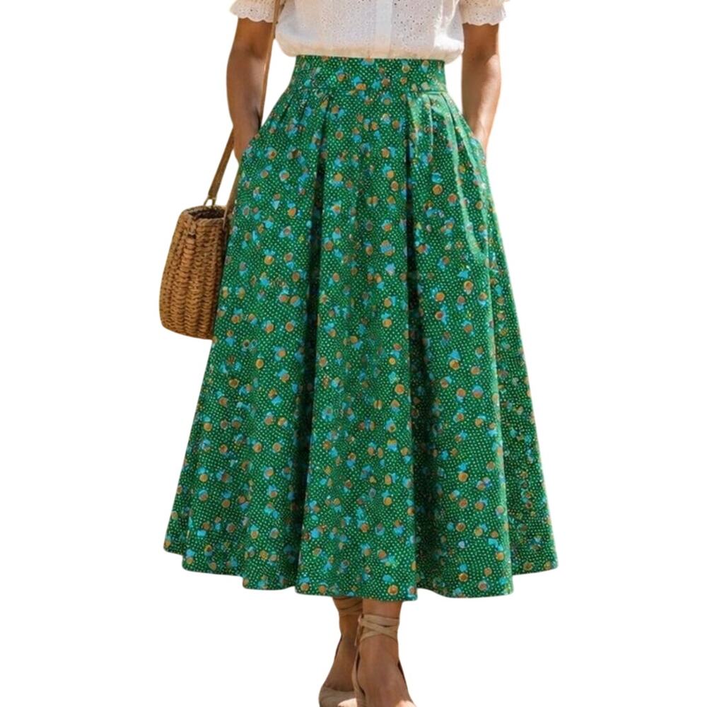 Tulip B Unique Vintage Green Polka Dot Floral Cotton Swing Skirt S NWT